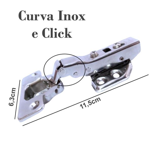 Imagem de Kit 06 Dobradiças Inox Curva Amortecedor Click Porta Armário