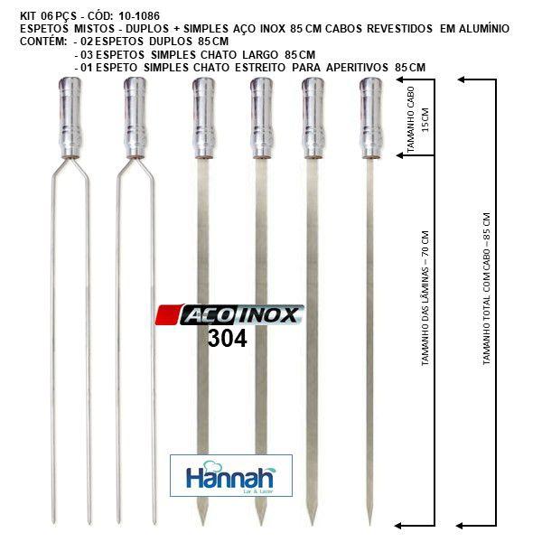 Imagem de Kit 06 Peças Espeto Churrasco Aço Inox Duplo + Chato Largo + Chato Estreito Aperitivo 85 Cm Cabo Madeira Revestido Alumí