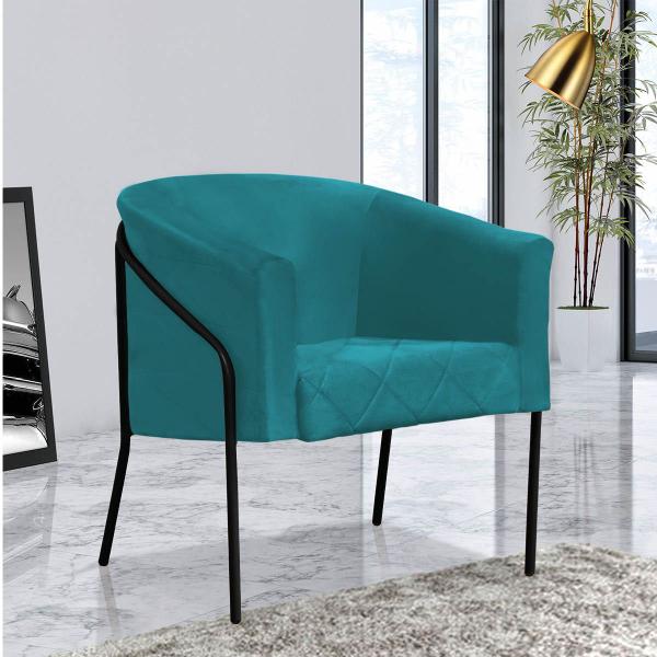 Imagem de Kit 06 Poltrona Cadeira Roni Luxo Industrial Ferro Preto Suede Azul Turquesa - Ahz Móveis