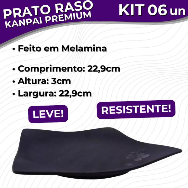 Imagem de Kit 06 Prato Kanpai Premium Raso Quadrado Preto de Melamina 22,9cm Comida Japonesa - Bestfer