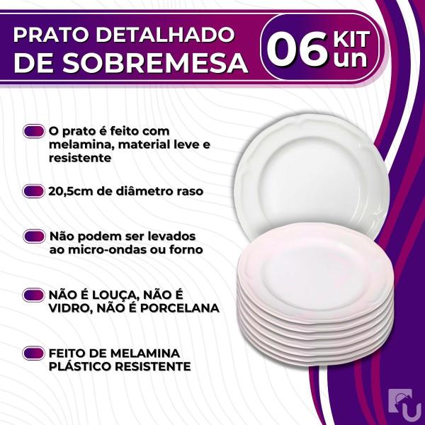 Imagem de Kit 06 Pratos Redondos Sobremesa Branco de Melamina Plástico Resistente Premium 20,5cm Leve - Bestfer