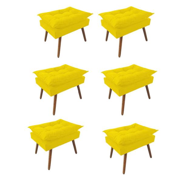 Imagem de Kit 06 Puff Opala decorativo  Pés em Madeira Sala de Estar Recepção Consultório material sintético Amarelo - Damaffê Móveis