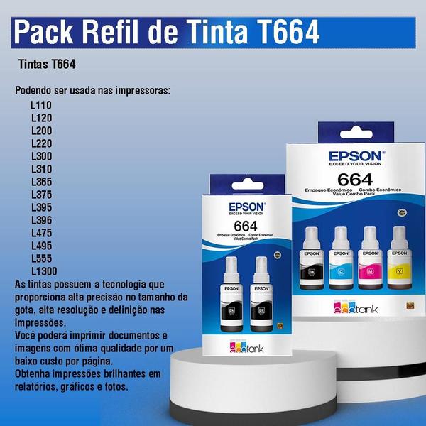 Imagem de Kit 06 Refil de tintas T664 Ciano, Magenta, Amarelo e Preto para impressora jato de Tinta L455