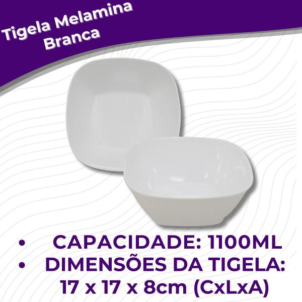 Imagem de Kit 06 Tigela Quadrada Lisa de Melamina Branca Leve Resistente - 1100mL - 17cm - Bestfer