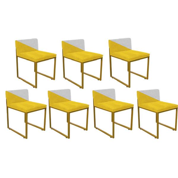 Imagem de Kit 07 Cadeira Office Lee Duo Sala de Jantar Industrial Ferro Dourado Sintético Amarelo e Branco - Ahz Móveis