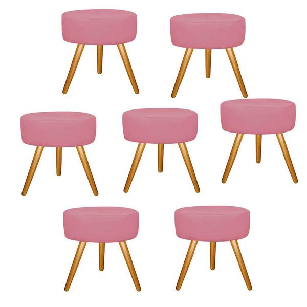 Imagem de Kit 07 Puff Sofia Redondo Decorativo  Pé Palito Sala de Estar Recepção Escritório Suede Rosa Bebê - Damaffê Móveis