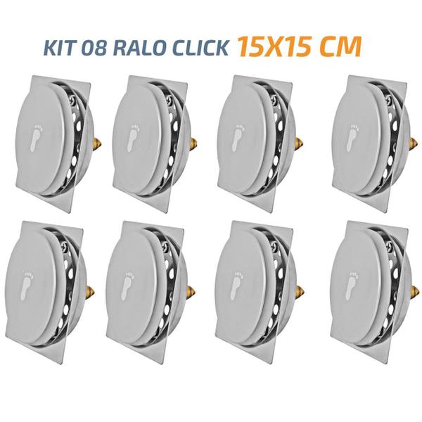 Imagem de Kit 08 Ralo Click Quadrado 15X15 Inox Veda Cheiro E Insetos