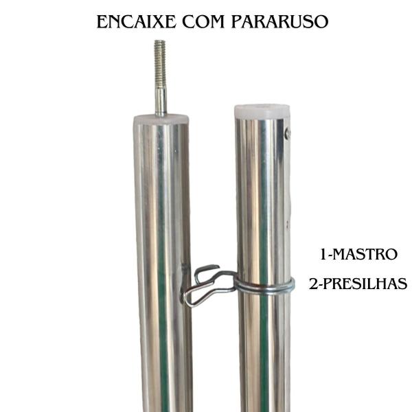 Imagem de Kit 1 Base de 3 Furos Madeira + 3 Mastros + 06 presilhas + 3 Ponteira + 3 Canoplas de Alumínio Polido Resistente e Reforçado para Exposição Bandeiras