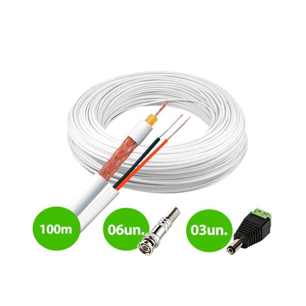 Imagem de Kit 1 Cabo Coaxial Branco Flexível 80% Malha Bobina de 100m + Conectores para 3 Câmeras