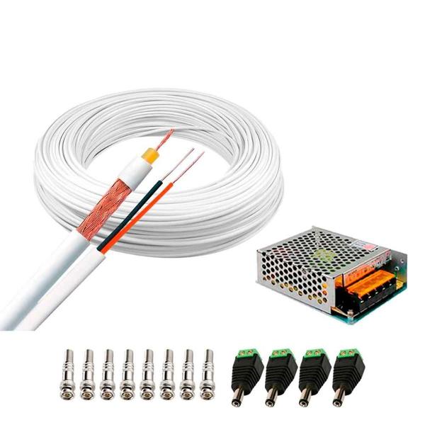 Imagem de Kit 1 Cabo Coaxial Branco Flexível 80% Malha Bobina de 100m + Fonte Chaveada 12V 5A Tipo Colméia e Conectores para 4 Câmeras