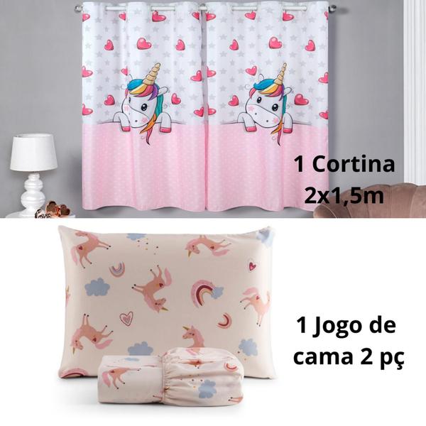 Imagem de Kit 1 Cortina + 1 Jogo de Lençol Solteiro Unicórnio Estampado