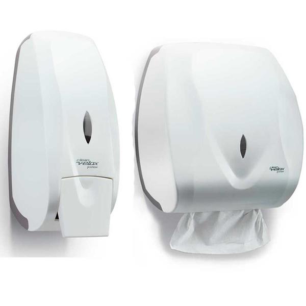 Kit 1 Dispenser álcool gel Porta Sabonete Líquido + 1 Toalheiro Suporte papel toalha Velox Branco - Premisse Velox Imagem de Kit 1 Dispenser álcool gel Porta Sabonete Líquido + 1 Toalheiro Suporte papel toalha Velox Branco