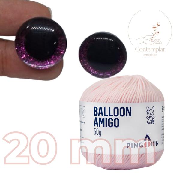 Imagem de Kit 1 Fio Balloon Amigo - Pingouin + Olhos com glitter rosa 20 mm