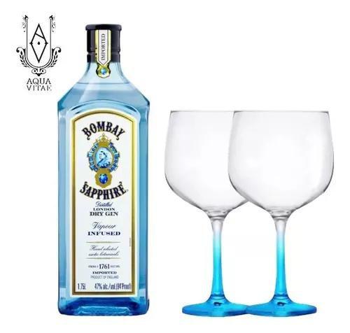 Imagem de Kit 1 Gin Bombay Sapphire London Dry 1,75l + 2 Taças Vidro