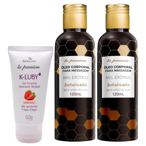 Imagem de Kit 1 K-LUBY Gel Corporal Massagem Beijável Morango + 2 Óleo Beijável Mel Exótico Massagem Hidratante