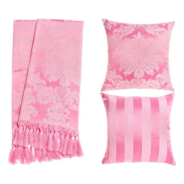 Imagem de Kit 1 Manta e 2 Capas de Almofada em Tecido Jacquard Tradicional Rosa Bebê