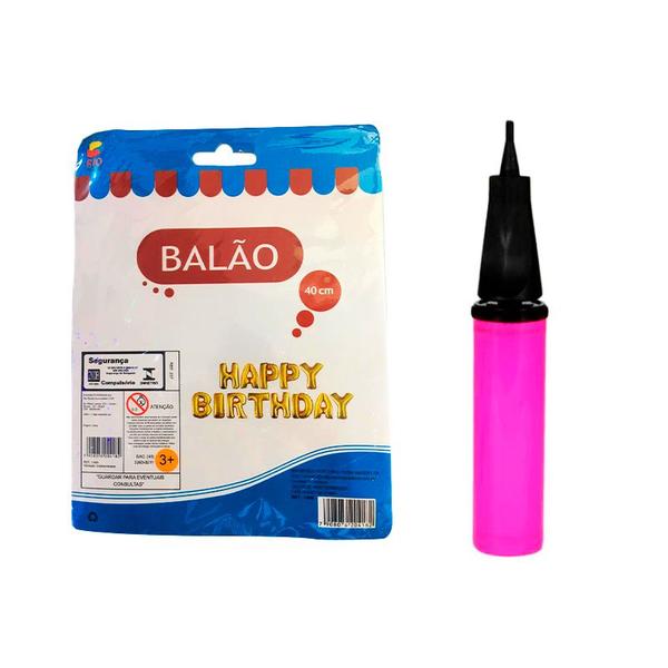 Imagem de KIt 1 Mini Bomba P/ Inflar Bexigas + 1 Balão Happy Birthday 