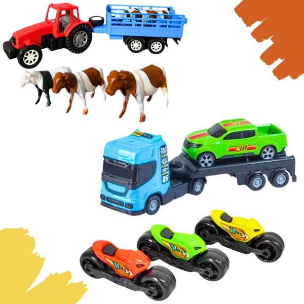 Imagem de Kit 1 Mini Reboque 3 Motinhas 1 Trator Fazenda Com 3 Bois Criança Brinquedo