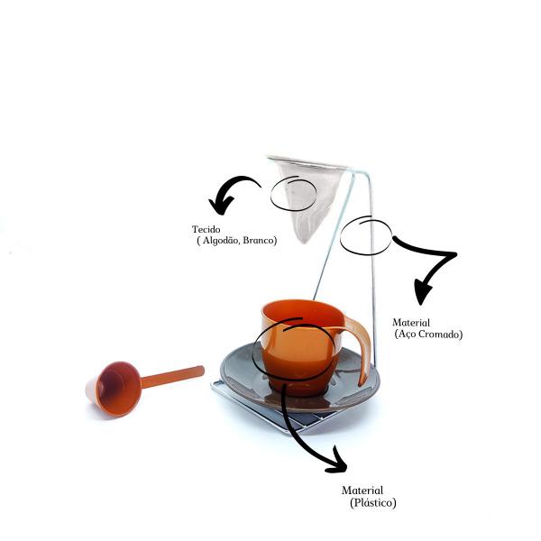 Imagem de Kit 1 Mini Suporte Coador de Café em Aço Cromado com Coador e 1 Xícara com Pires 90ml de Plástico Líder