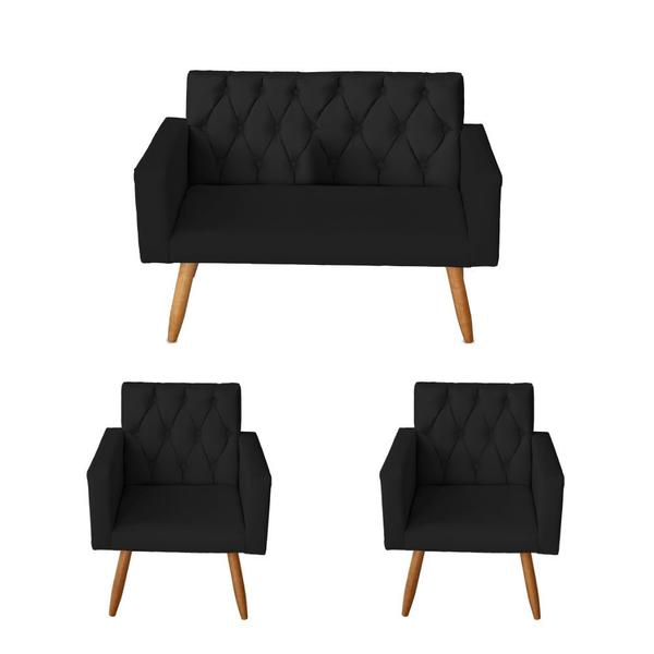 Imagem de Kit 1 Namoradeira e 2 Poltronas Decorativa Thais Preto - Mafer