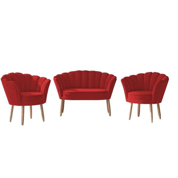 Imagem de Kit 1 Namoradeira e 2 Poltronas Pétala Decorativas Veludo Vermelho - Visalar