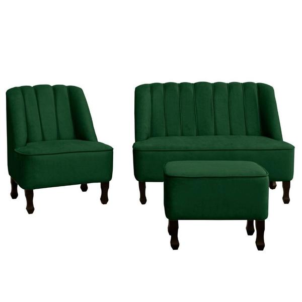 Imagem de Kit 1 Poltrona com 1 Sofá e 1 Puff Carlita Classic Luxo Sala Suede Verde - Ahazzo Móveis