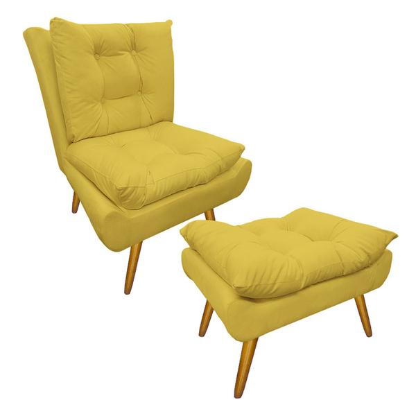 Imagem de Kit 1 Poltrona e 1 Puff Pés Palito Para Sala de Tv Karen Suede Amarelo - DL Decor