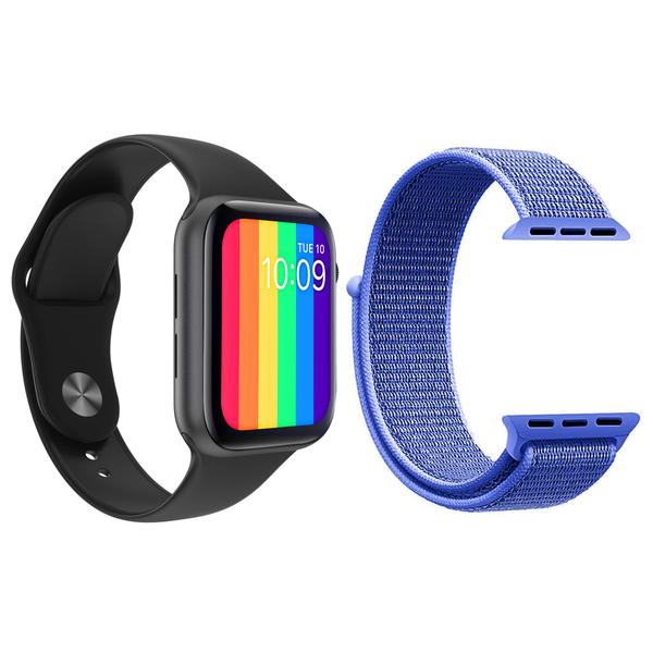 Imagem de Kit 1 Relógio Inteligente SmartWatch IWO12 Lite Preto Android iOS + 1 Pulseira Nylon Azul