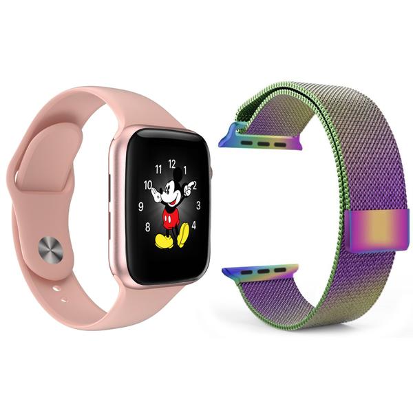 Imagem de Kit 1 Relógio Inteligente SmartWatch LD5 Rosa Android iOS + 1 Pulseira Extra Milanese Arco Íris