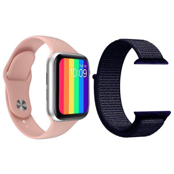 Imagem de Kit 1 Relógio Inteligente SmartWatch W12 Lite Rosa Android iOS + 1 Pulseira Nylon Azul Meia Noite