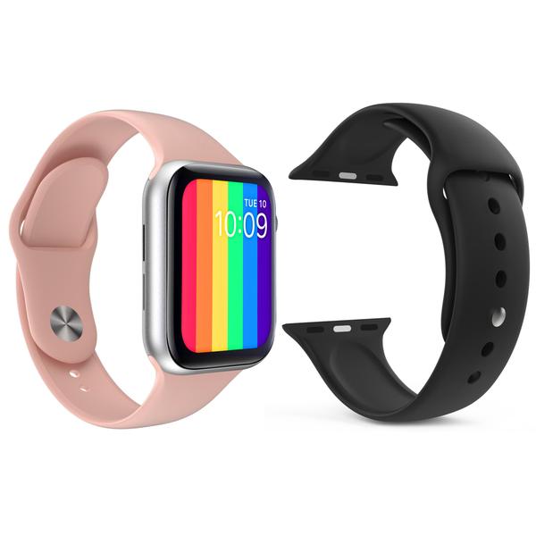 Imagem de Kit 1 Relógio Inteligente SmartWatch W12 Lite Rosa Android iOS + 1 Pulseira Silicone Preto