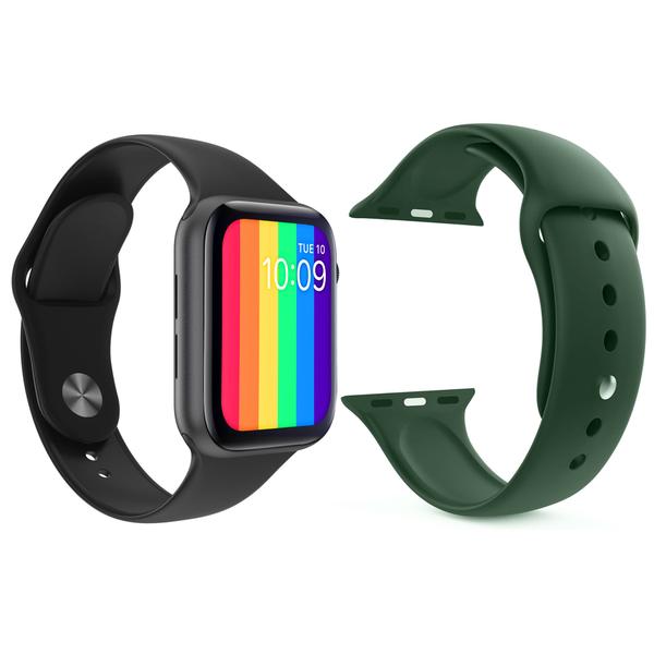 Imagem de Kit 1 Relógio Inteligente SmartWatch W26 Tela Infinita Preto Android iOS + 1 Pulseira Silicone Verde Escuro