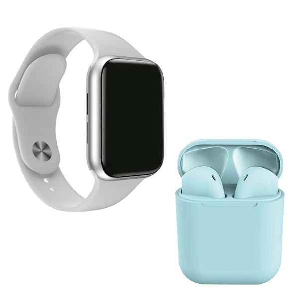 Imagem de Kit 1 Relógio Inteligente SmartWatch W34 S Branco Troca Pulseira + 1 Fone Bt inPods i12 Azul Claro