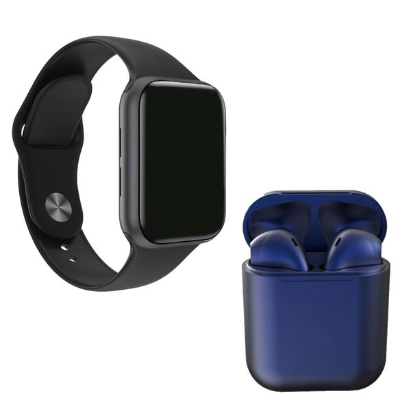 Imagem de Kit 1 Relógio Inteligente SmartWatch W34 S Preto Troca Pulseira + 1 Fone Bt inPods i12 Azul Escuro