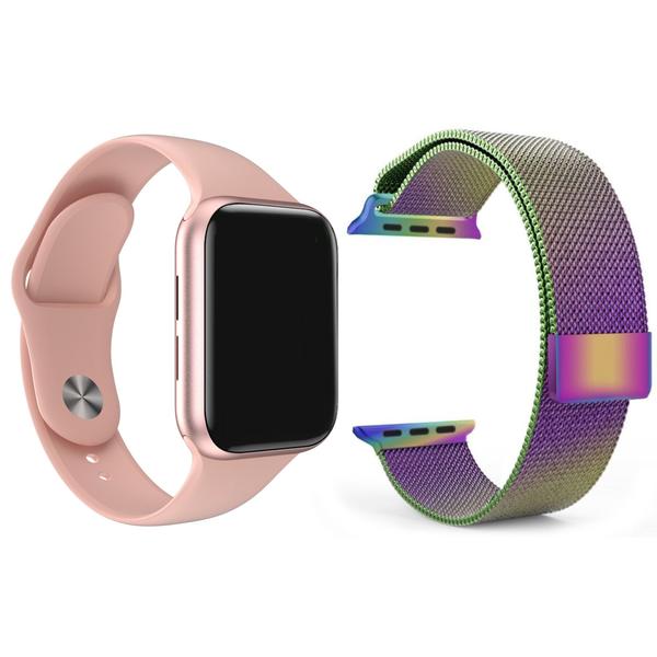 Imagem de Kit 1 Relógio Inteligente SmartWatch W34 S Rosa Android iOS + 1 Pulseira Extra Milanese Arco Íris