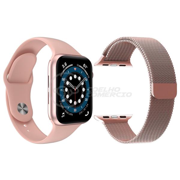 Imagem de Kit 1 Relógio Inteligente SmartWatch W46 S Rosa Android iOS + 1 Pulseira Extra Aço Milanese Rosa