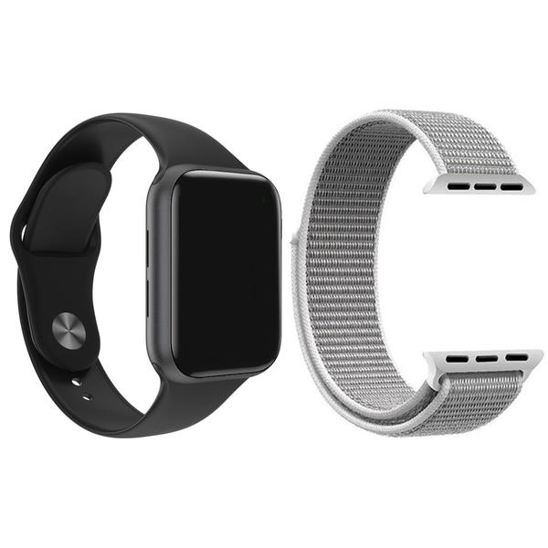 Imagem de Kit 1 Relógio Inteligente SmartWatch W9 Lite Preto Android iOS + 1 Pulseira Extra Nylon Branco