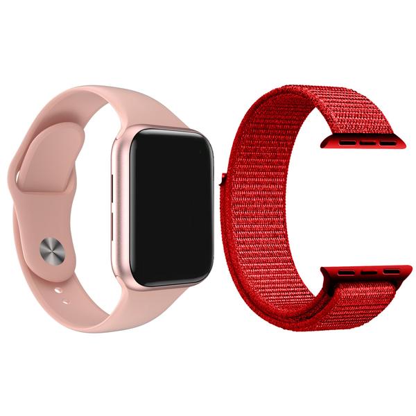 Imagem de Kit 1 Relógio Inteligente SmartWatch W9 Lite Rosa Android iOS + 1 Pulseira Extra Nylon Vermelho