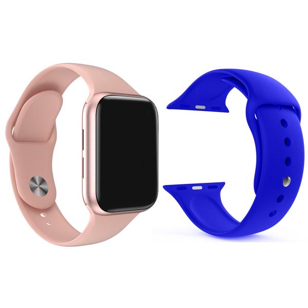 Imagem de Kit 1 Relógio Inteligente SmartWatch W9 Lite Rosa Android iOS + 1 Pulseira Extra Silicone Azul Escuro