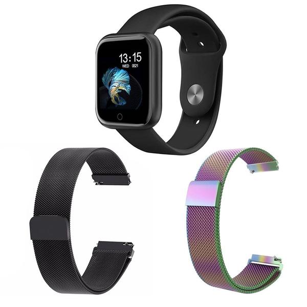 Imagem de Kit 1 Relógio Smartwatch P70 Monitor de Saúde Preto Android iOS + 2 Pulseiras Milanesa Preto e Arco Íris