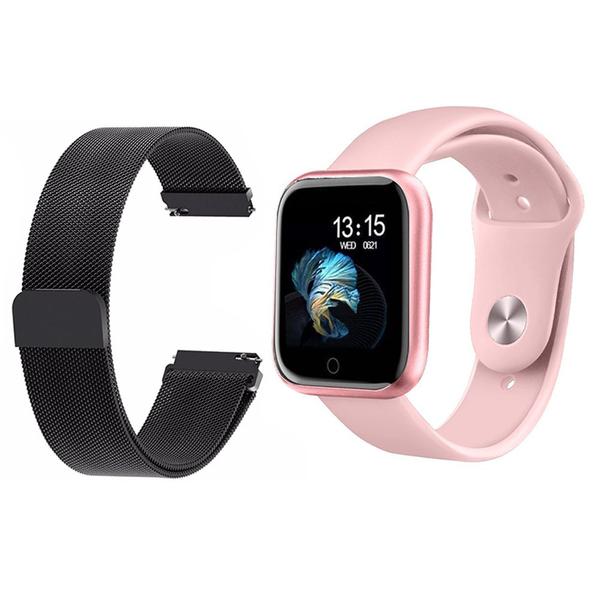 Imagem de Kit 1 Relógio Smartwatch P70 Monitor de Saúde Rosa Android iOS + 1 Pulseira Milanesa Preto