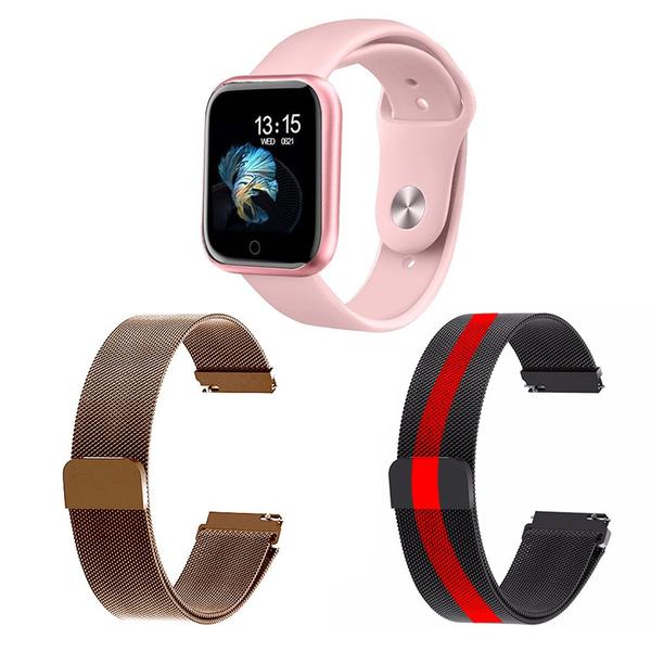 Imagem de Kit 1 Relógio Smartwatch P70 Monitor de Saúde Rosa Android iOS + 2 Pulseiras Milanesa Rosê e Listrado