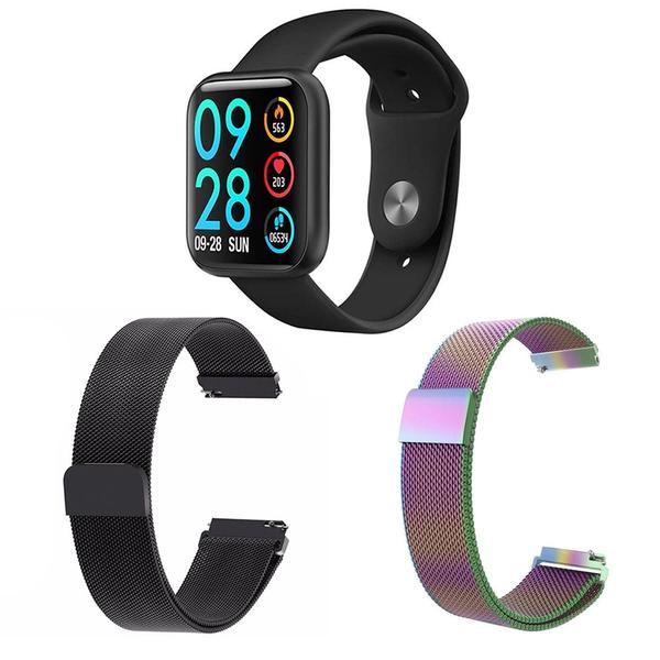 Imagem de Kit 1 Relógio Smartwatch P80 Monitor de Saúde Preto Android iOS + 2 Pulseiras Milanesa Preto e Arco Íris