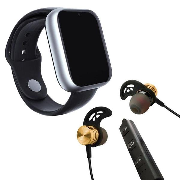 Imagem de Kit 1 Relógio Smartwatch Prata + 1 Fone Bluetooth Dourado