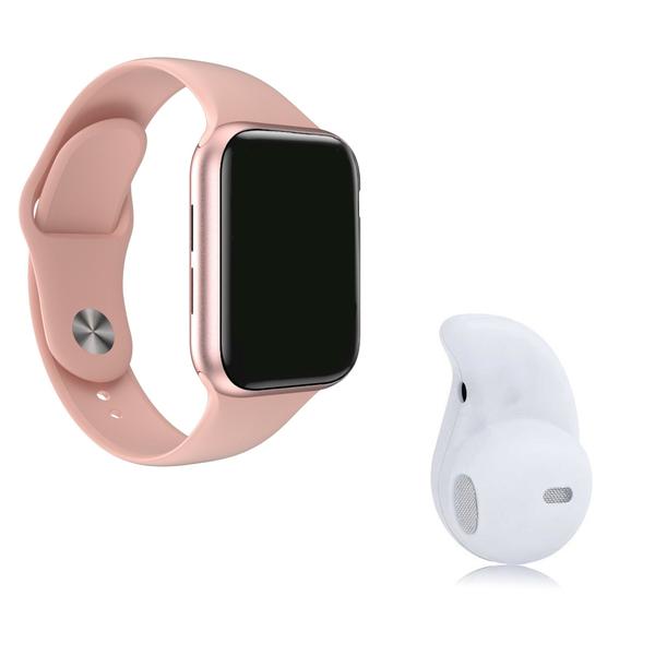 Imagem de Kit 1 Relógio SmartWatch W34 S Rosa Troca Pulseira + 1 Mini Fone Bluetooth Branco -