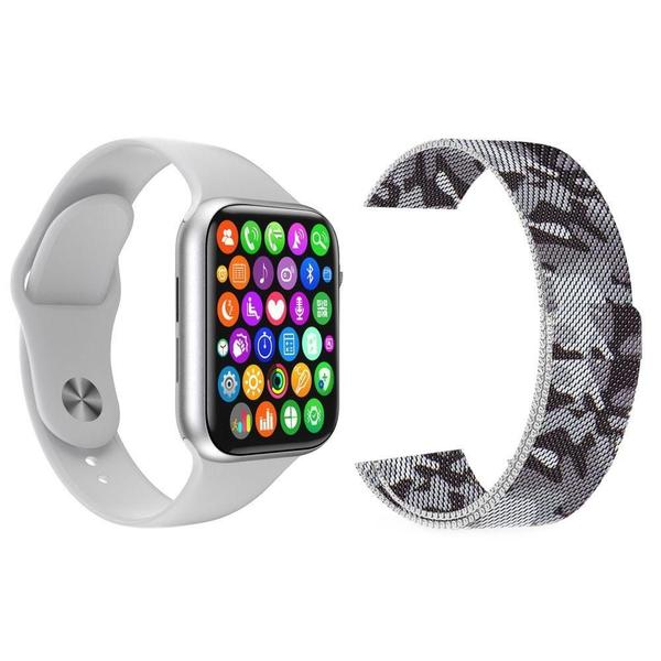 Imagem de Kit 1 Smartwatch Branco + 1 Pulseira Extra Camuflada