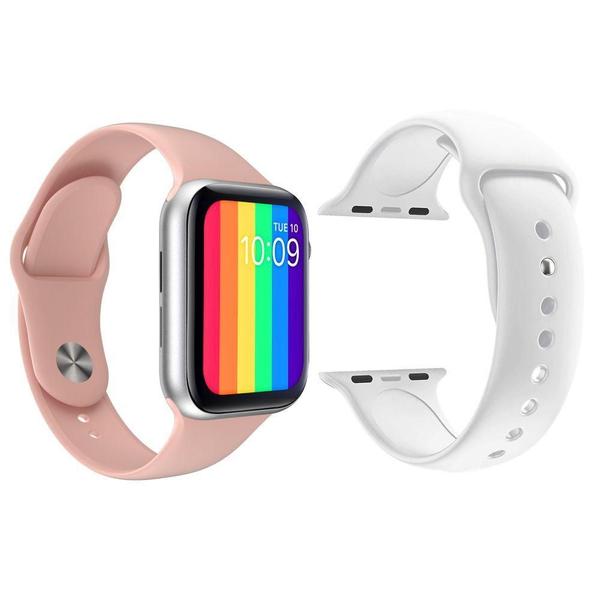 Imagem de Kit 1 Smartwatch Rosa + 1 Pulseira Silicone Branco