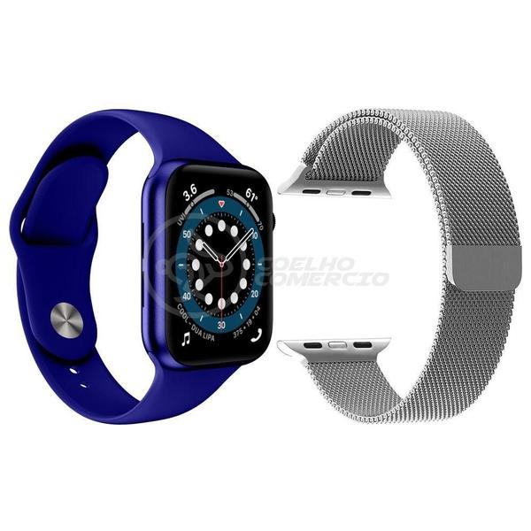 Imagem de Kit 1 Smartwatch W46 S Azul + 1 Pulseira Extra Prata