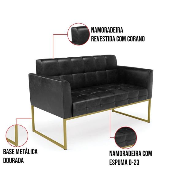 Imagem de Kit 1 Sofá Namoradeira e 1 Poltrona Elisa Corano Preto Base Metálica Industrial Dourado - D'Rossi