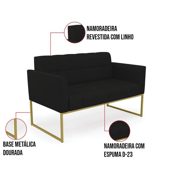 Imagem de Kit 1 Sofá Namoradeira e 1 Poltrona Elisa Linho Base Metálica Industrial Dourado - D'Rossi